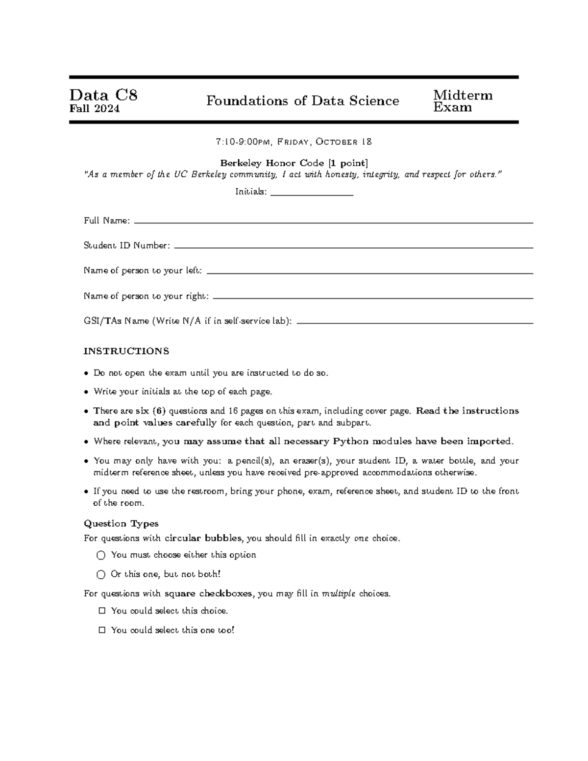 Data 8 Fall 2024 Midterm Exam: Foundations of Data Science - Studocu