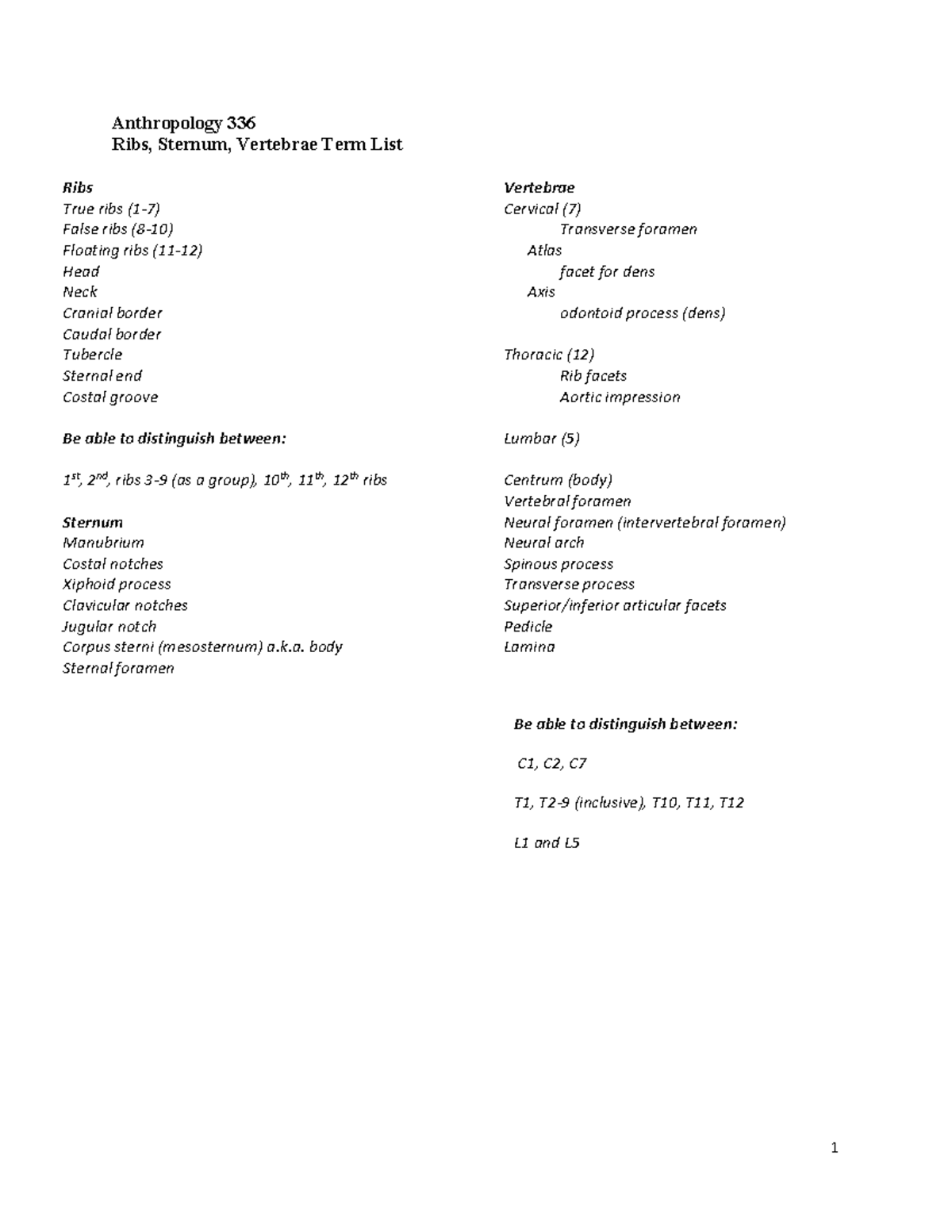 Anthropology 336 Thorax Anatomy: Ribs, Sternum & Vertebrae Overview ...