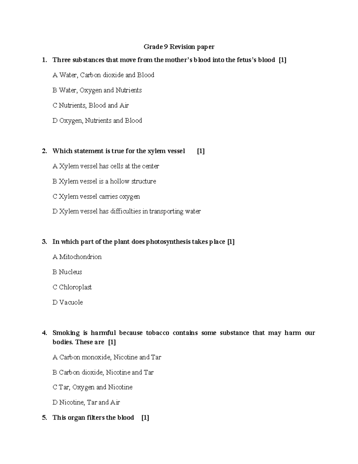 Grade 9 Biology Revision Paper: Key Concepts & Questions - Studocu