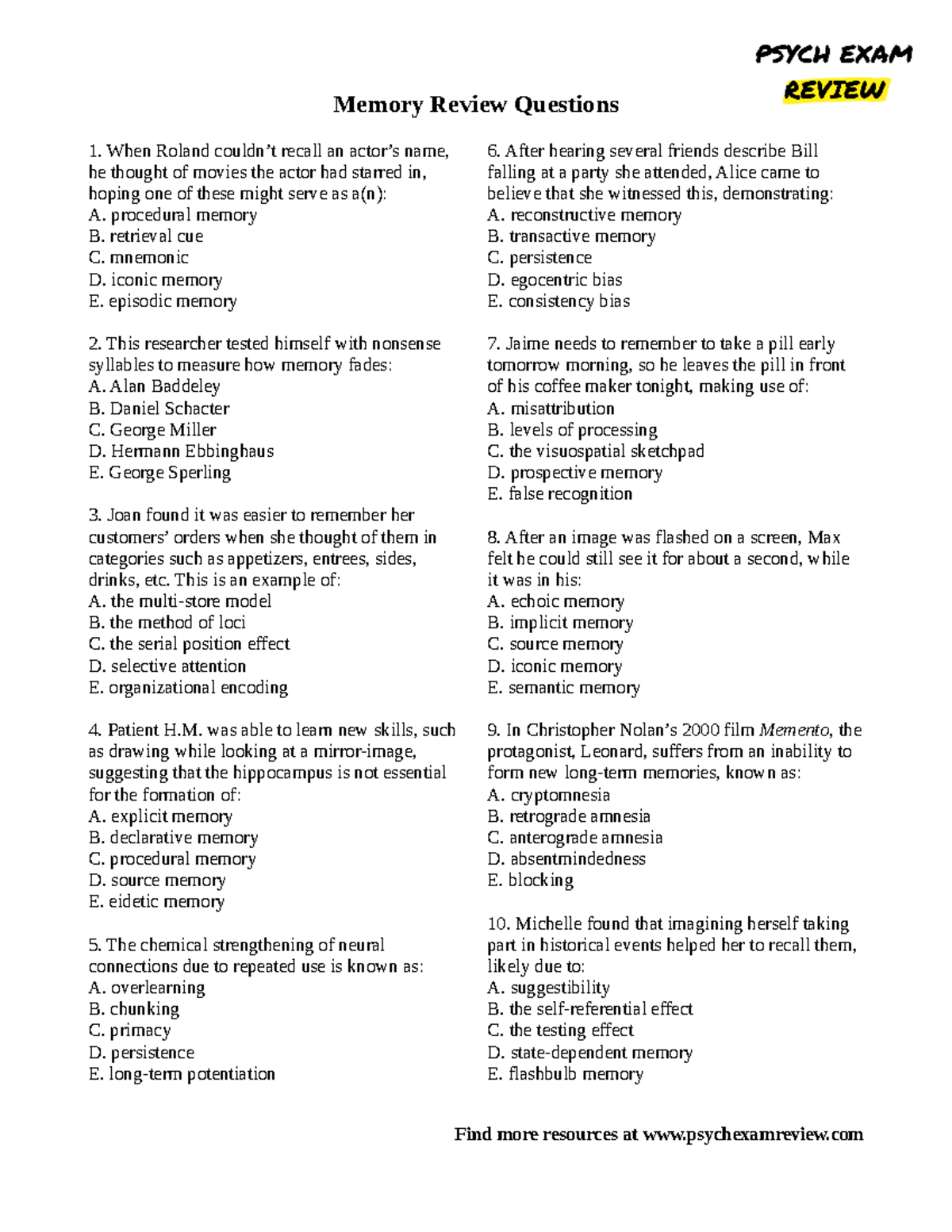 Memory-Questions - Practice questions: Memory - Memory Review Questions ...