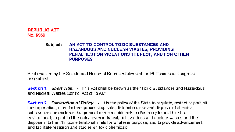 RA 6969: Toxic Substances & Hazardous Waste Control Act Summary - Studocu