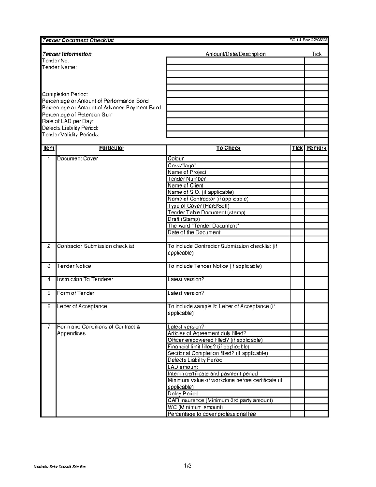 Tender Document Checklist - Tender Name: Completion Period: Percentage ...