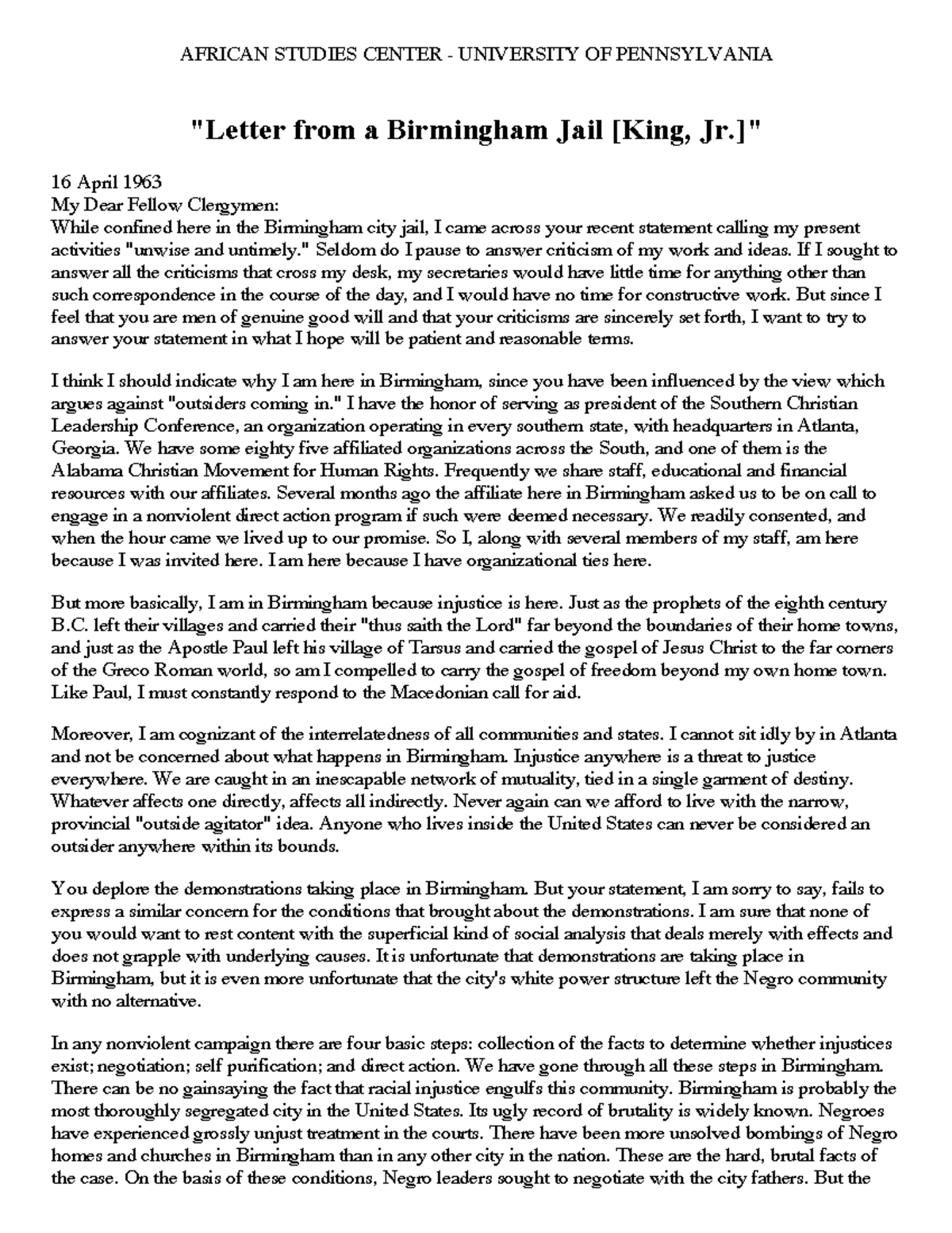 19630416 mlk letterfrombirmingham - AFRICAN STUDIES CENTER - UNIVERSITY ...