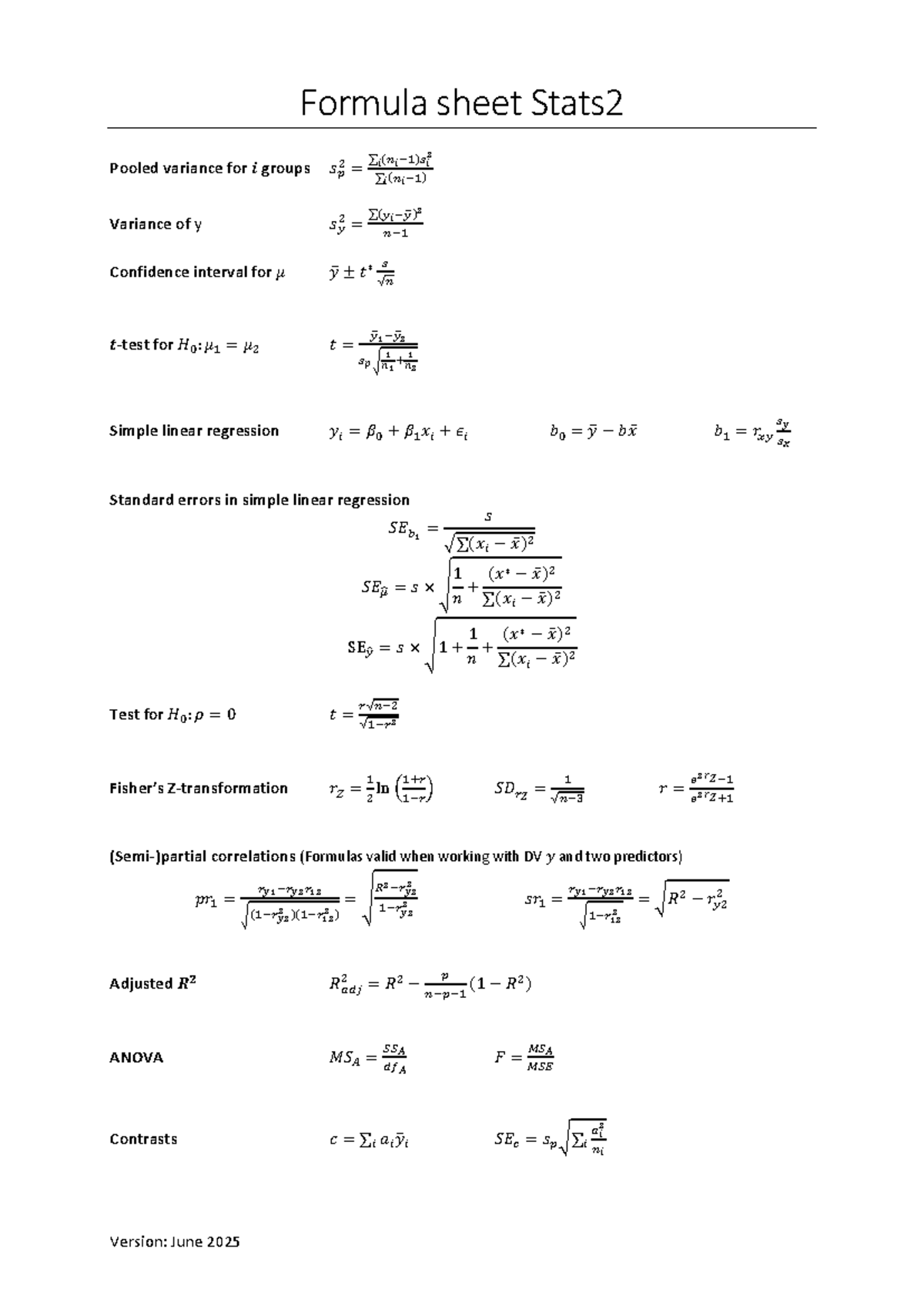 Formula Sheet for Stats2: Key Statistical Formulas and Concepts ...
