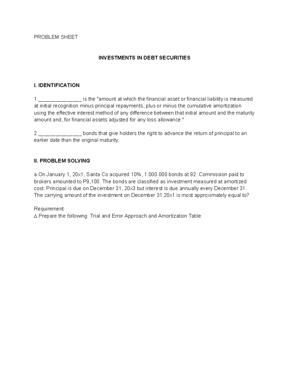 Group 10 Investments in Debt Securities Problem Sheet - Studocu