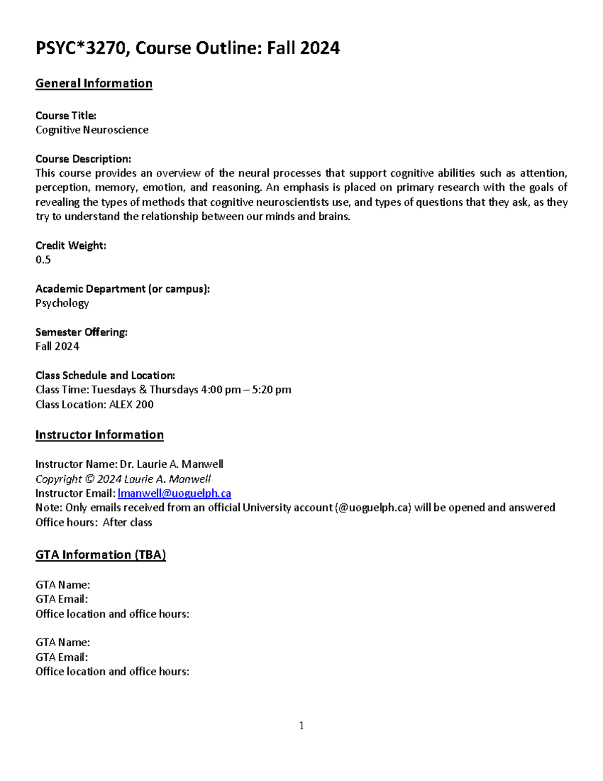 PSYC 3270: Cognitive Neuroscience Course Outline - Fall 2024 - Studocu