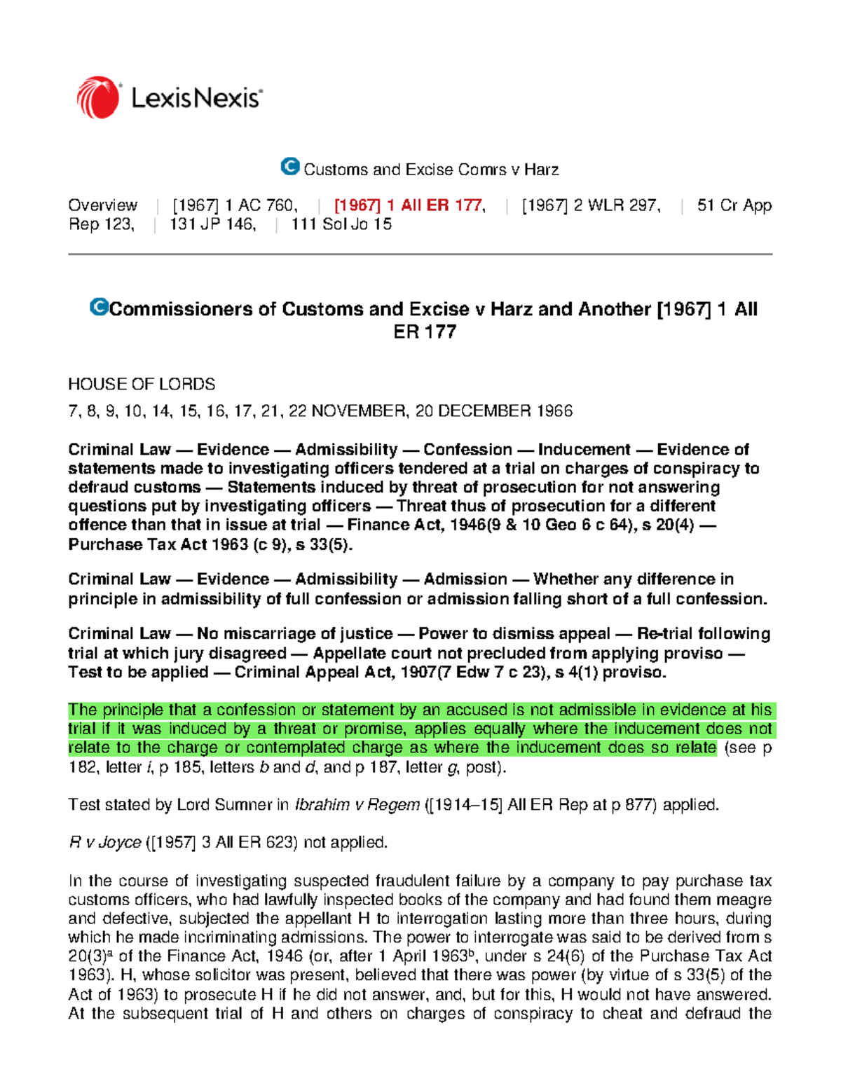 Customs and Excise Comrs v Harz [1967] 1 All ER 177: Appeal on Evidence ...