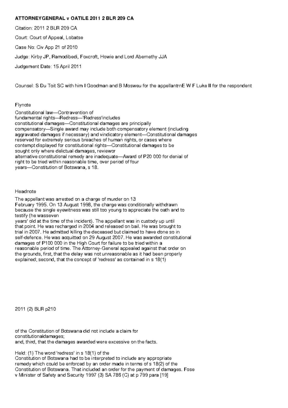Oatile v Attorney General: Examining Constitutional Supremacy (Civ App ...