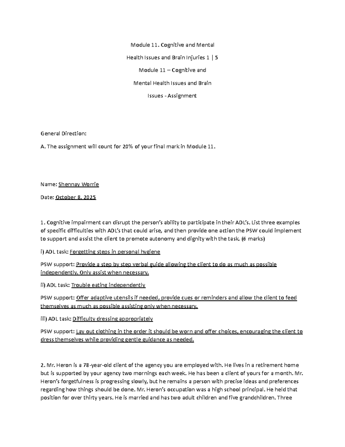 Module 11: Cognitive & Mental Health Issues Assignment Insights - Studocu