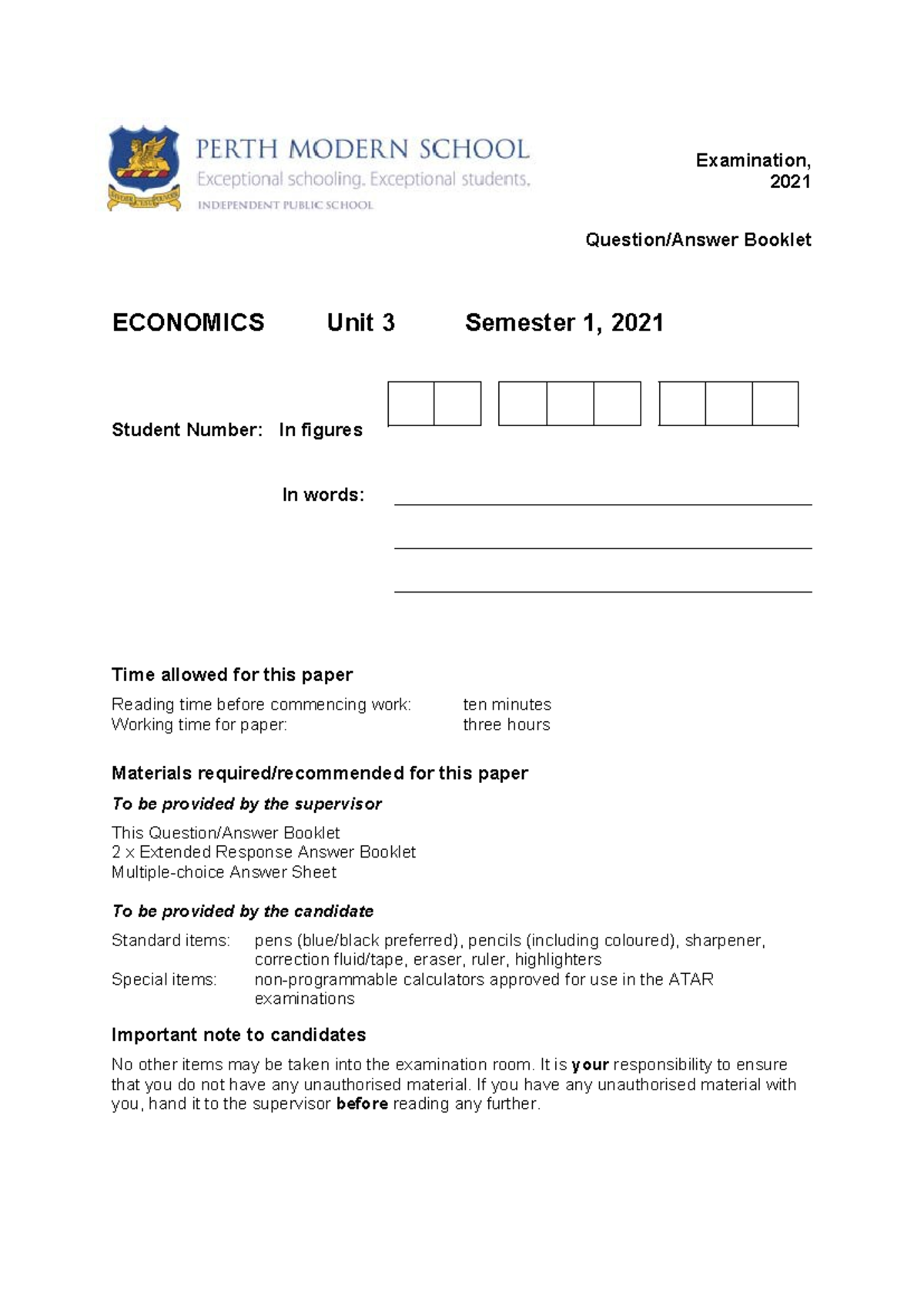 Y12 2021 S1 ECONOMICS Unit 3 Final Exam Booklet - Studocu