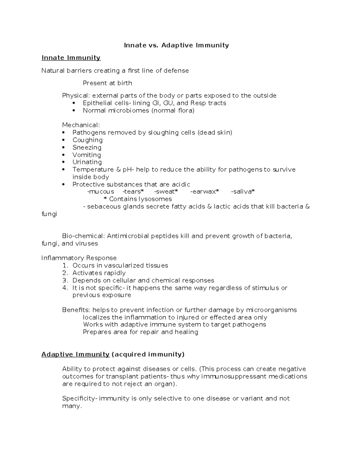 Comparative analysis of innate vs adaptive immunity concepts studocu