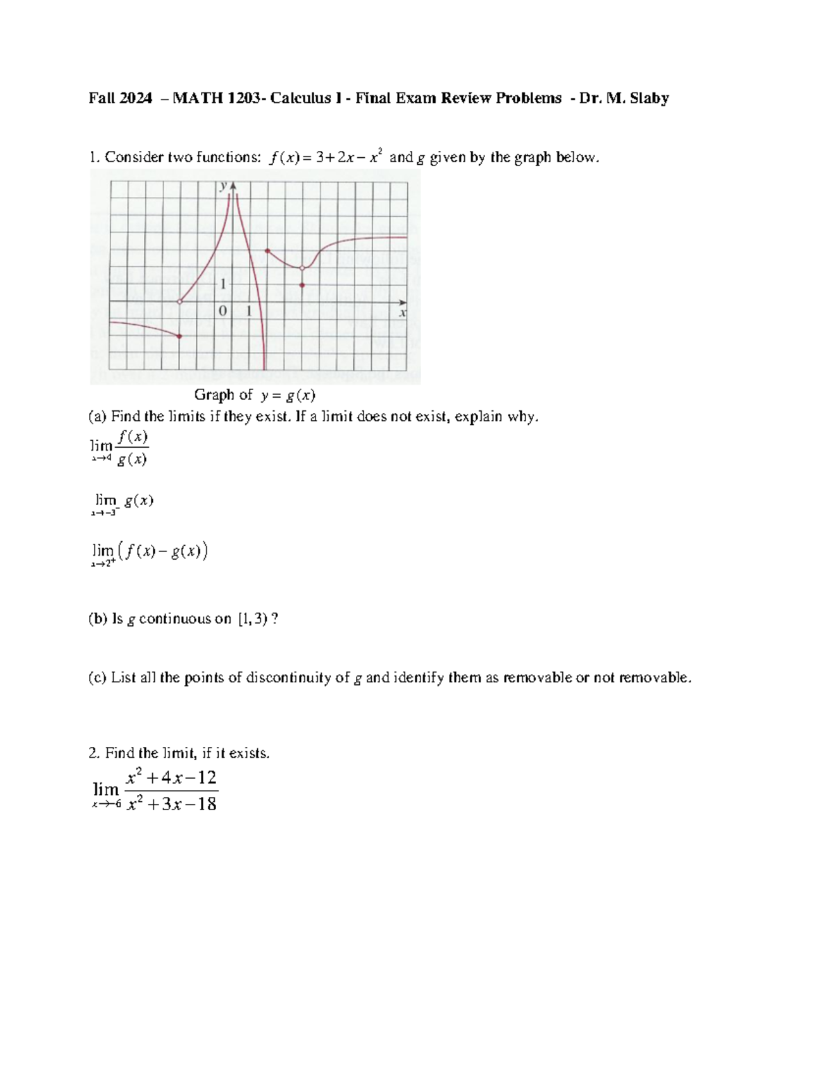 Fall 2024 MATH 101 Calculus I Final Exam Review Problems - Studocu