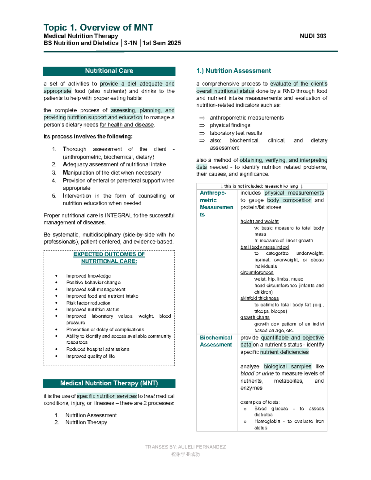 Overview of MNT: Nutrition Assessment & Care NUDI 303 Sem 2025 - Studocu