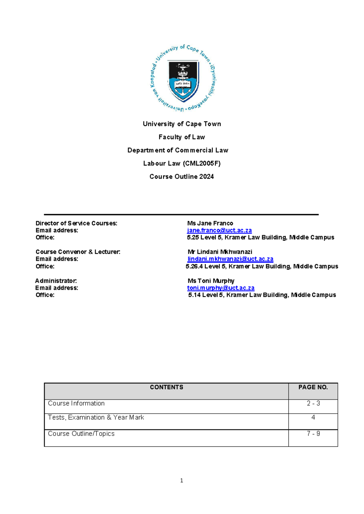 CML2005F Labour Law Course Outline 2024 - University of Cape Town - Studocu