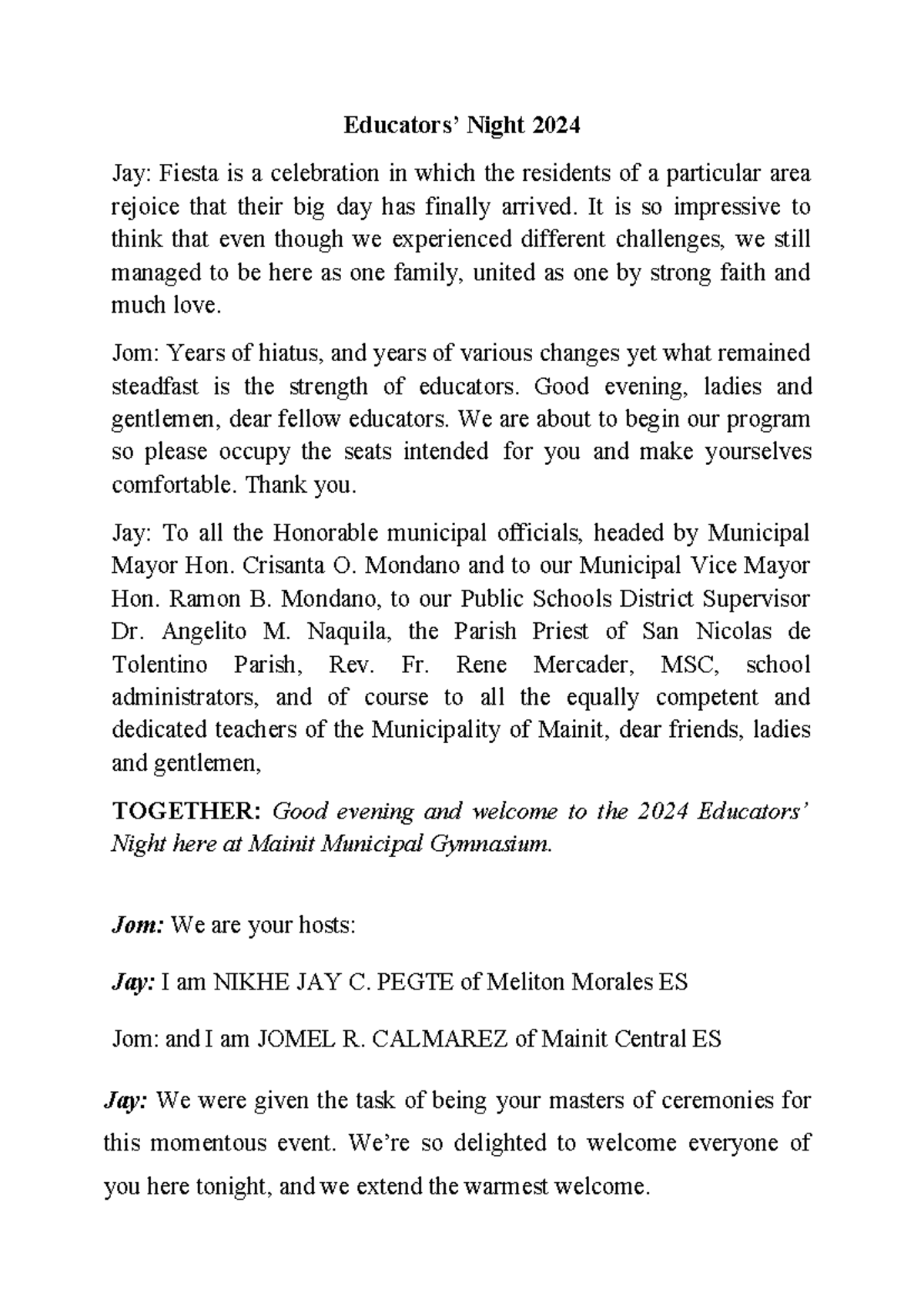 Educators' Night 2024 Emcee Script: Celebrating Resilience and Unity ...