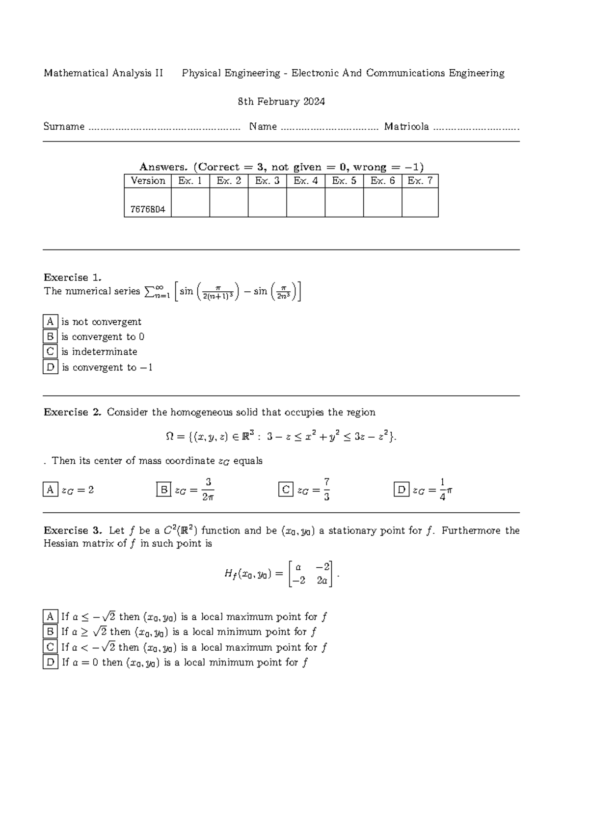 Mathematical Analysis II - Exam Exercises (ENG) - 8th Feb 2024 - Studocu