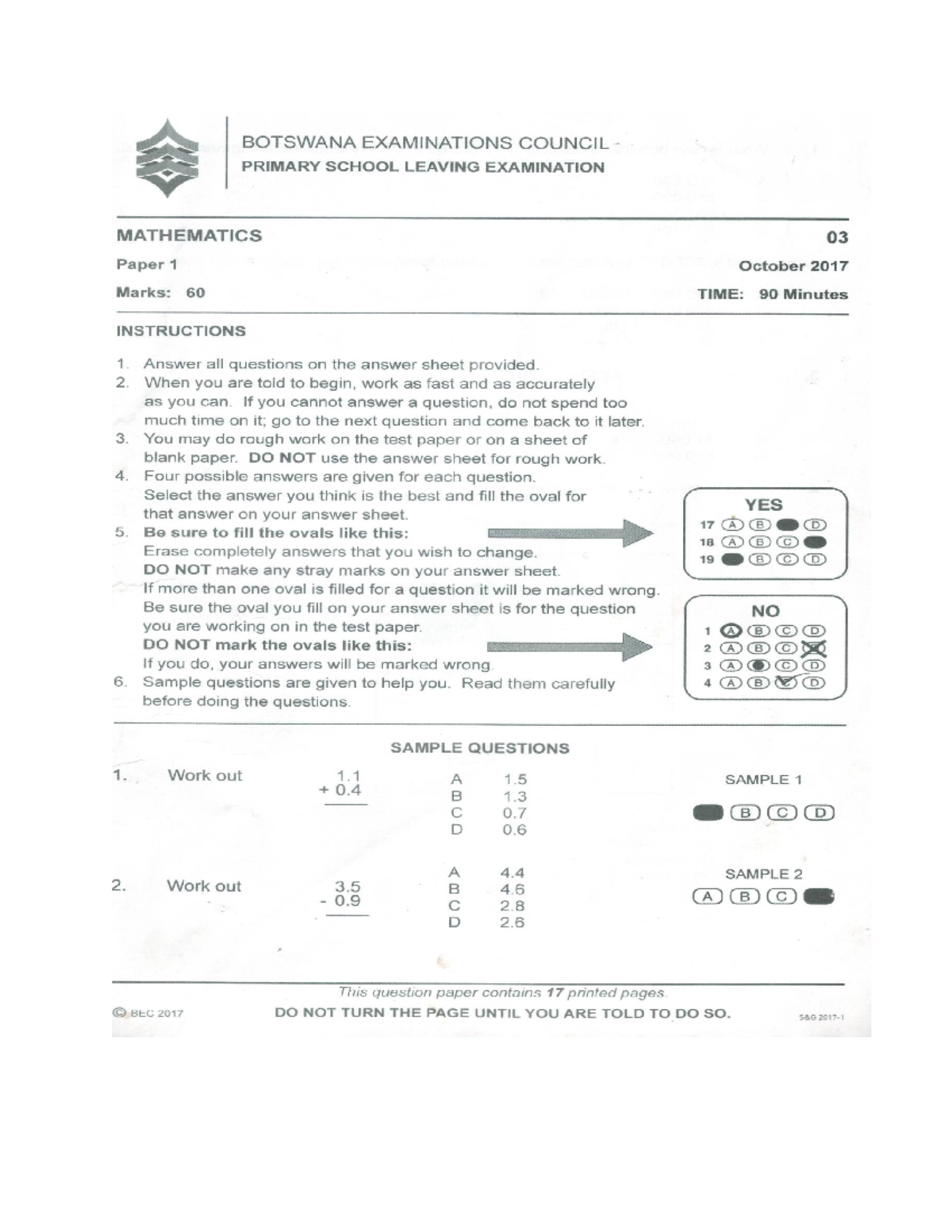 PSLE Maths 2017 Exam Paper & Marking Key WP 012606 - Studocu
