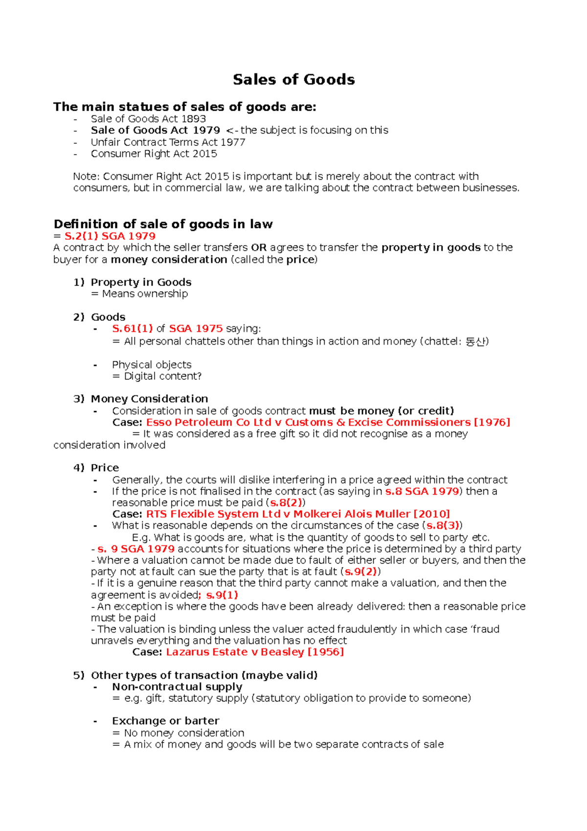 Sales of Goods Act 1979 - Key Commercial Law Notes - Studocu