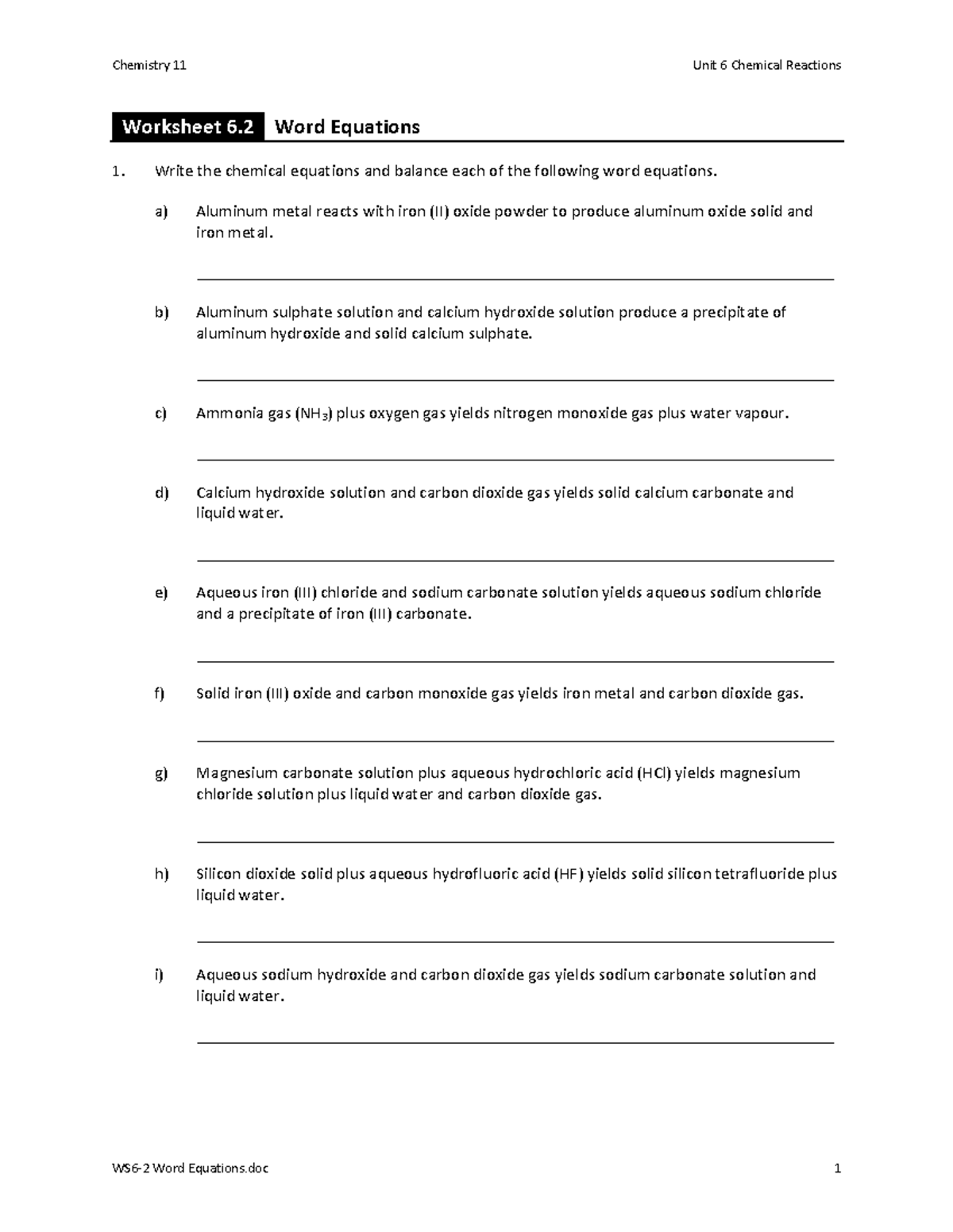 Chemistry 11 Unit 6: Word Equations Practice Worksheet - Studocu