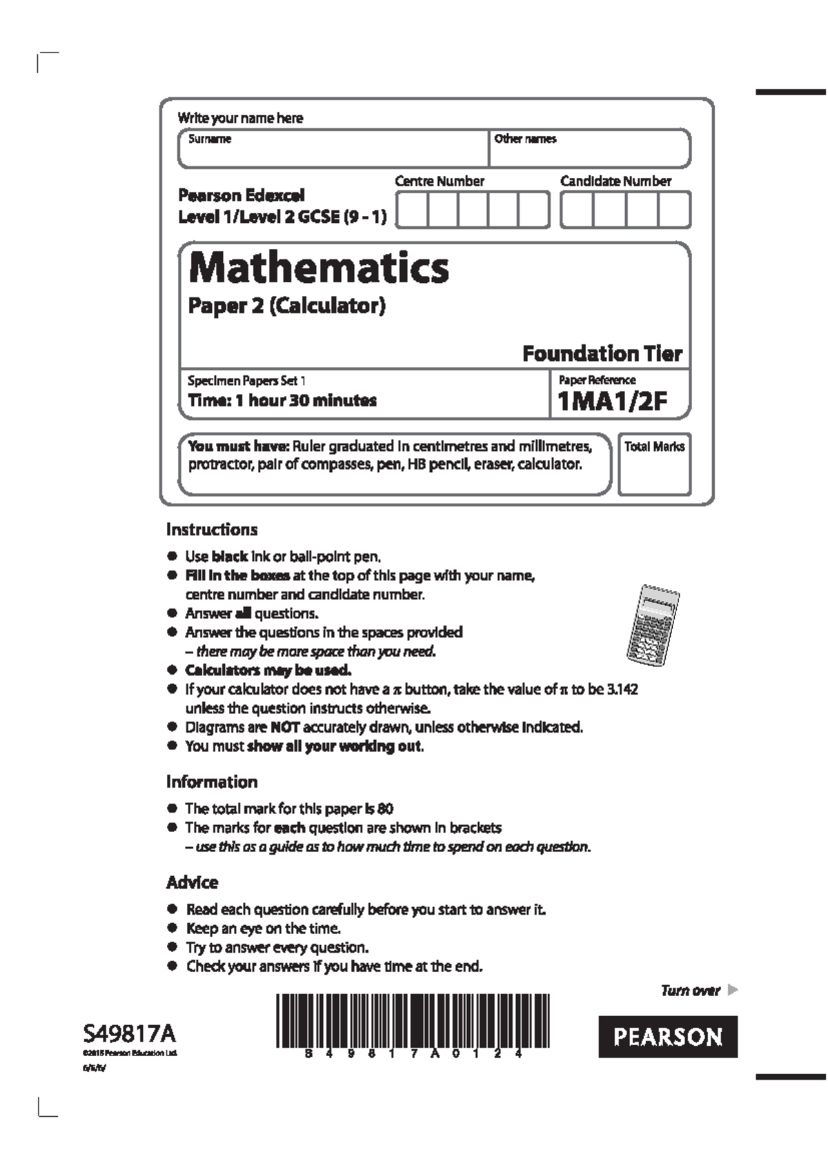Edexcels 12F - wes - Write your name here Surname Other names Centre ...