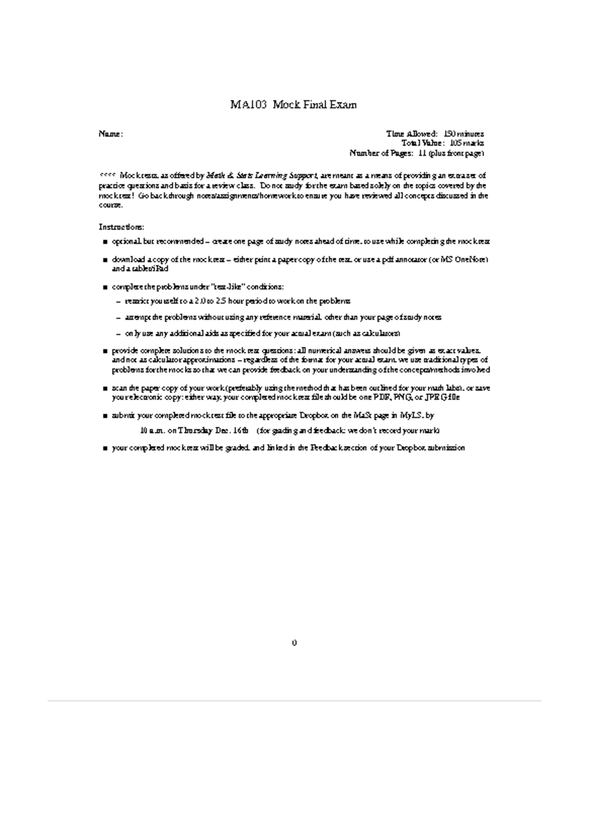 Mock MA103 Final Exam Review - Practice Questions & Solutions - Studocu