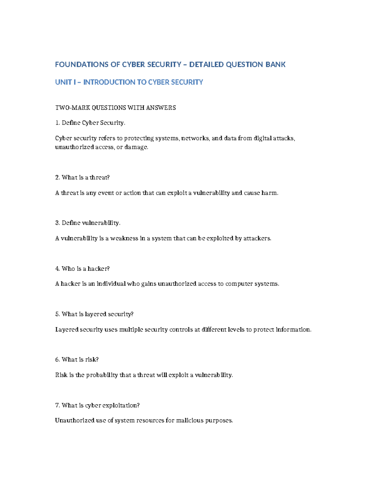 Cyber Security (CS101) Detailed Question Bank: Unit I & II - Studocu