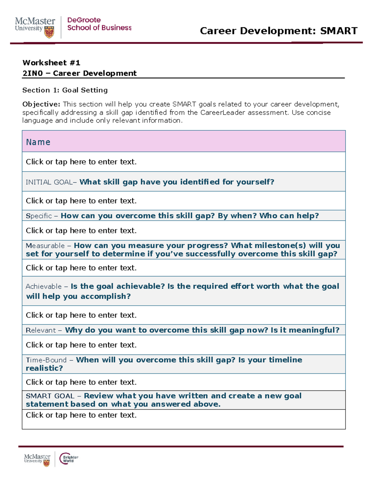 Worksheet 1 Goal Setting - Career Development: SMART Goals Worksheet ...
