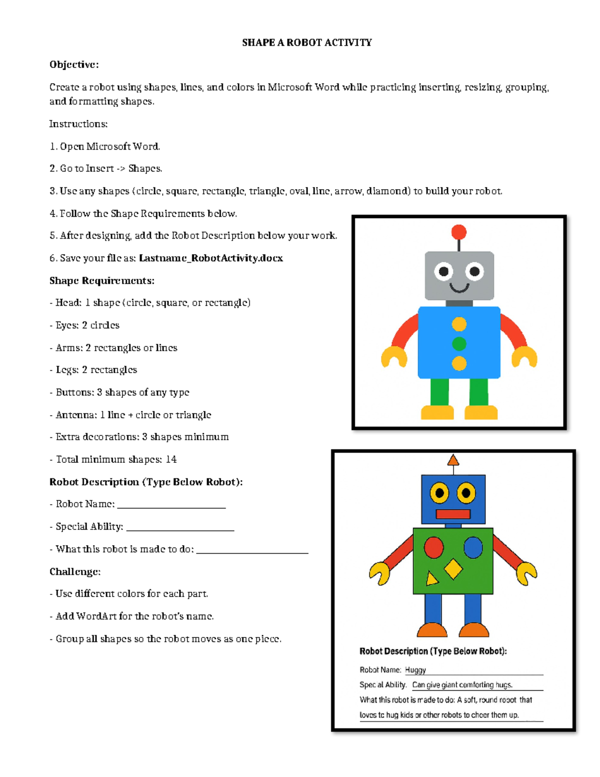 SHAPE A ROBOT ACTIVITY - MS WORD DESIGN WORKSHEET - Document Preview
