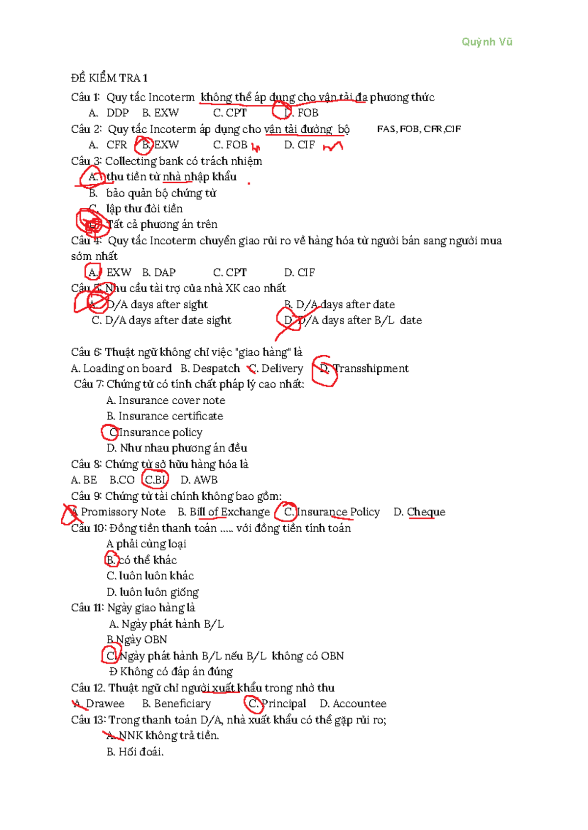 ÔN KIỂM TRA 1 - Môn Thanh Toán Quốc Tế (QT101) - Document Preview