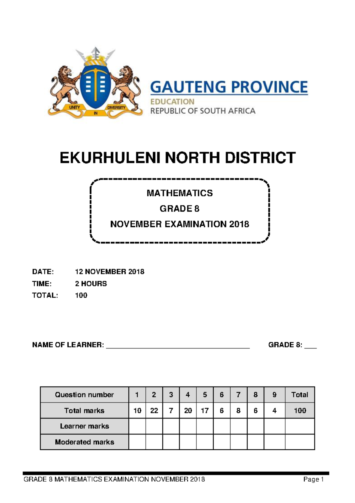Mathematics QP 444163395 Grade 8 November 2018 Exam Paper - Studocu