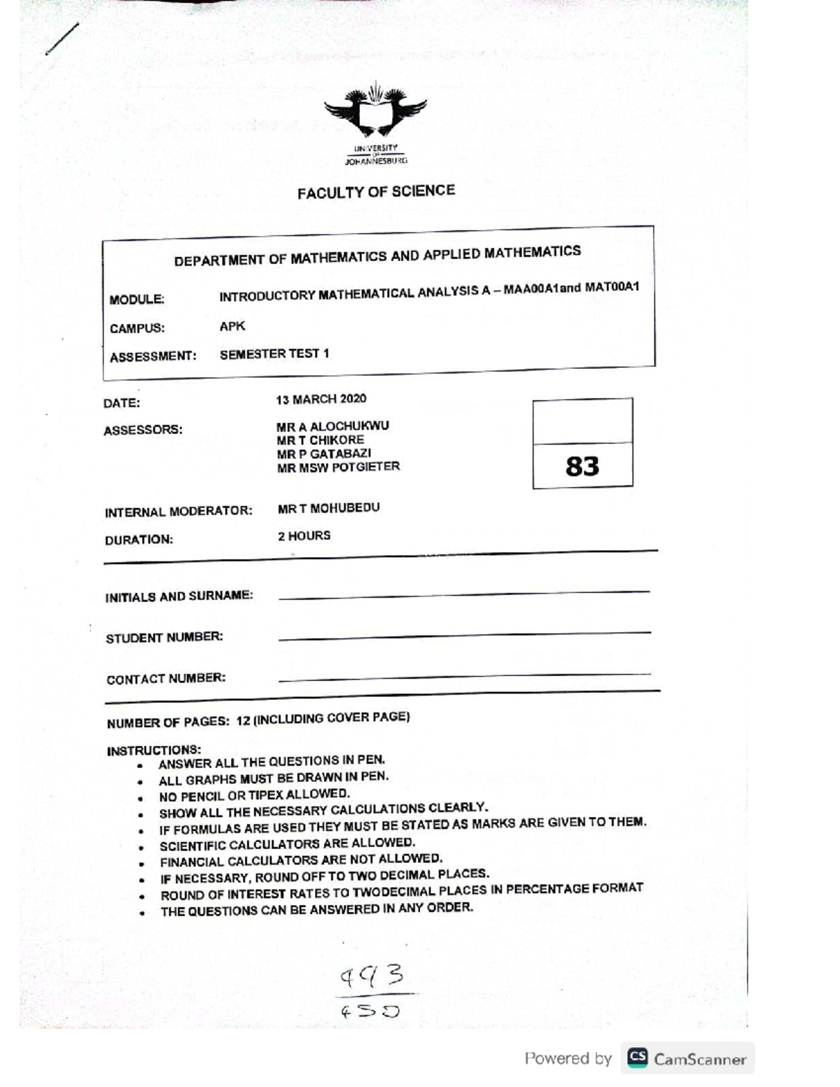 MAA00A1 Introductory Mathematical Analysis A Semester Test 1 2020 - Studocu