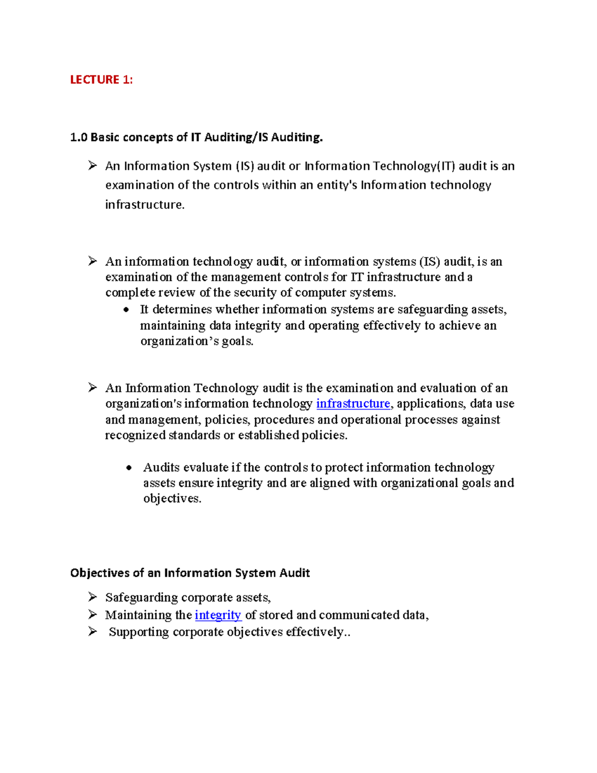 LECTURE 1: 1.0 Fundamentals of IT Auditing and Systems - Studocu