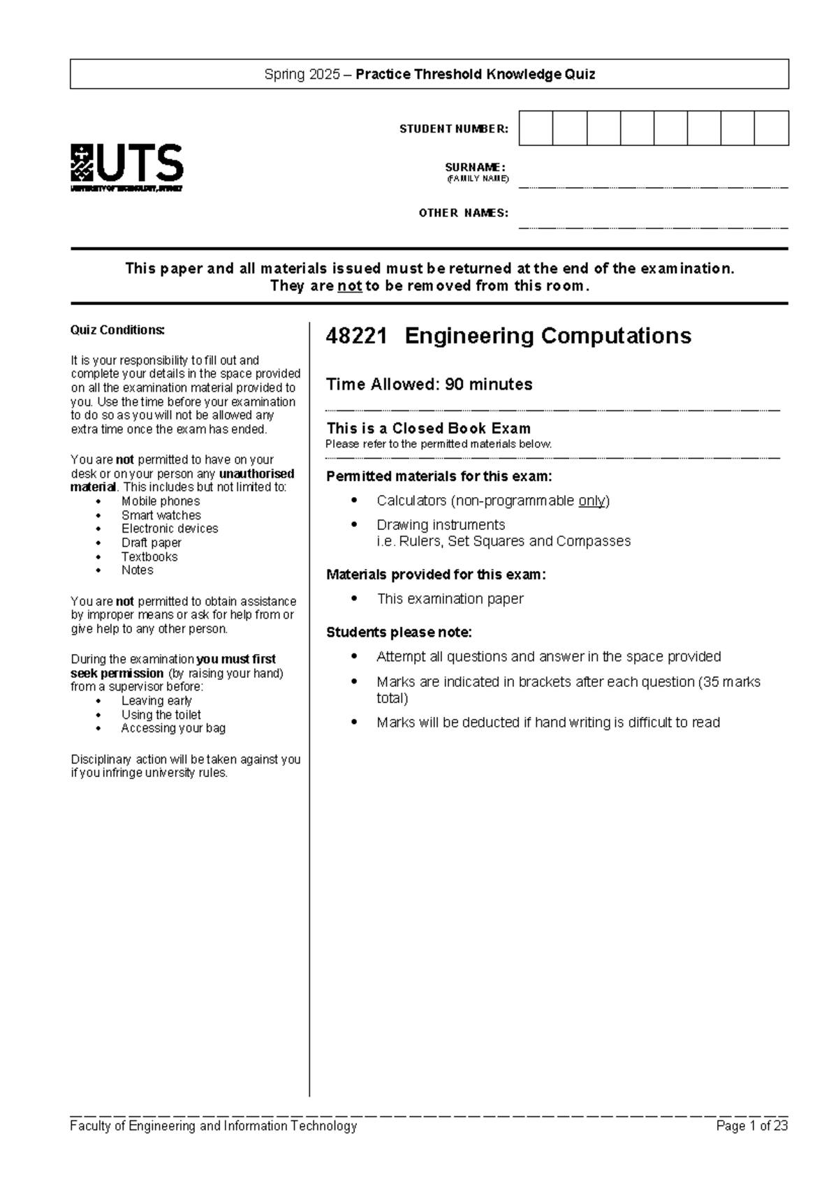 Spring 2025 48221 Engineering Computations Practice Quiz - Studocu