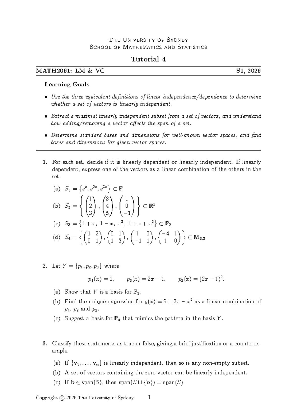 Tutorial 4: Linear Independence and Basis Concepts in MATH2061 - Studocu