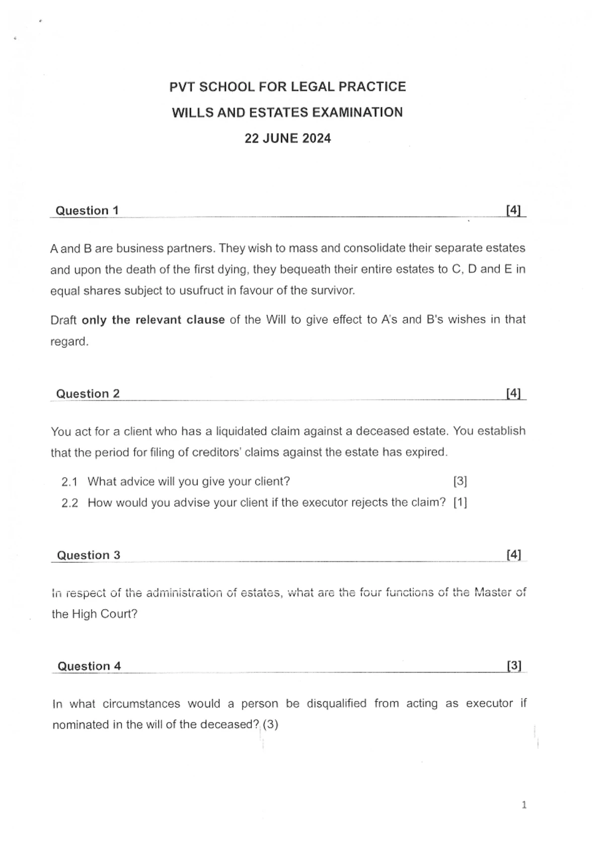 WET EXAM Supplementary Questions for Wills & Estates Module 3 - Mar ...