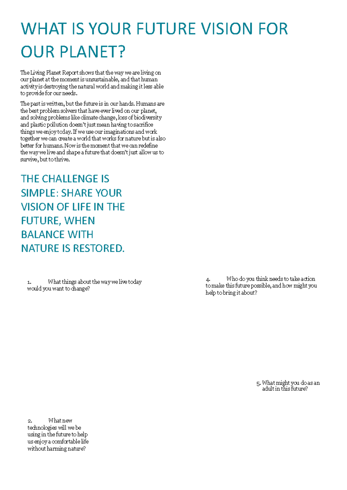 Future Vision Schools Challenge Worksheet: A Sustainable Tomorrow - Studocu