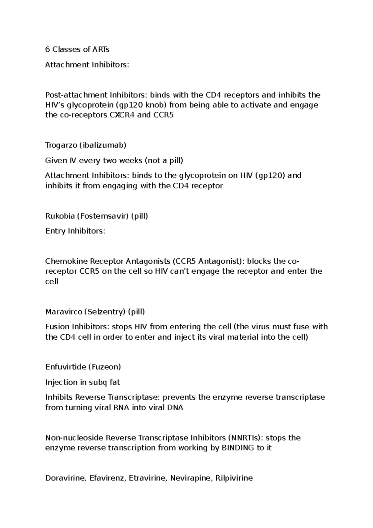 ARTs - Classes of Antiretroviral Drugs and Their Mechanisms - Studocu