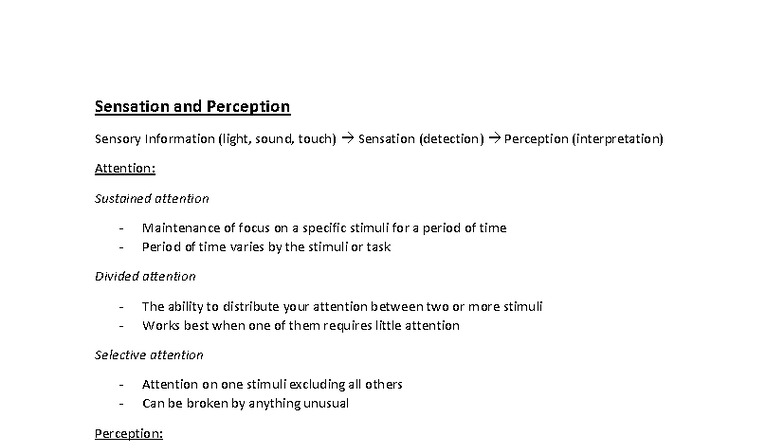 PSY 101: Sensation and Perception Overview and Key Concepts - Studocu