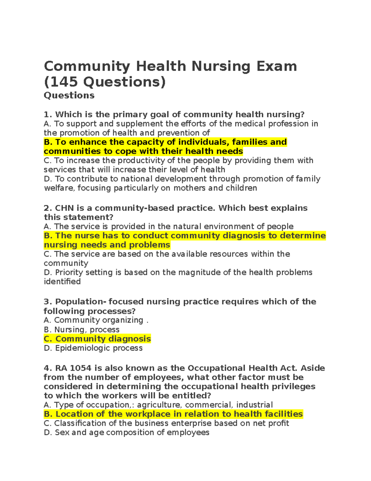 CHN Final Exam Questions and Rationale - Community Health Nursing - Studocu