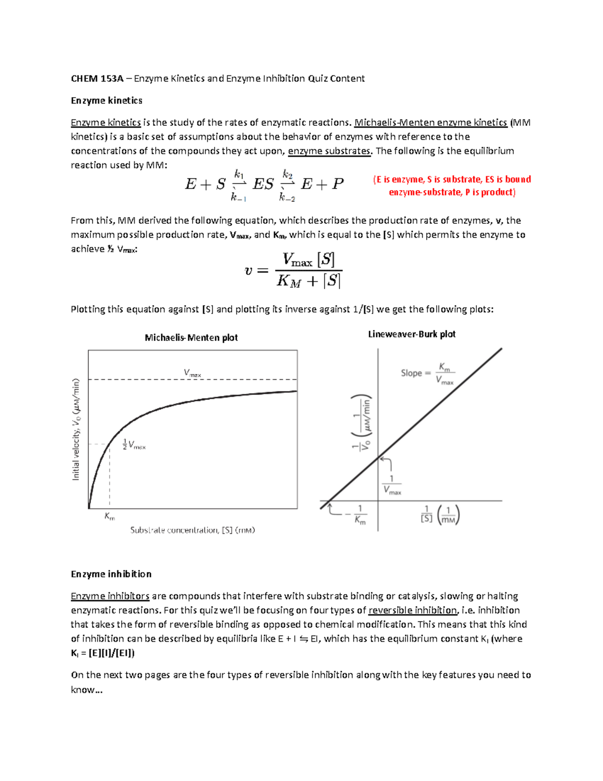 Chem 153A - Enzyme kinetics and inhibition content sheet - CHEM 153A ...