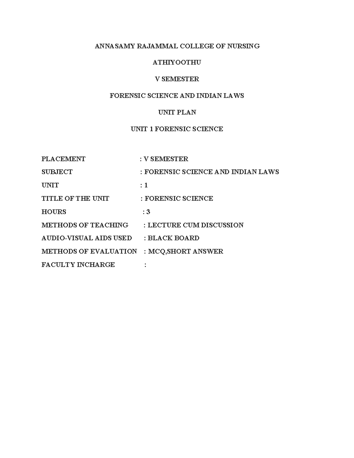 Forensic Nursing Unit Plan - V Semester (Forensic Science & Laws) - Studocu