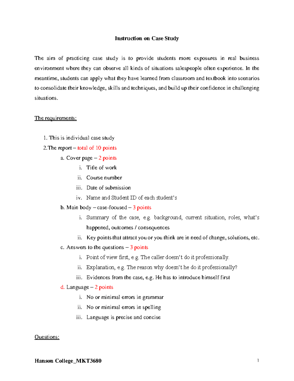 Instruction on Case Study 01 - Hanson College_MKT3680 1 Instruction on ...