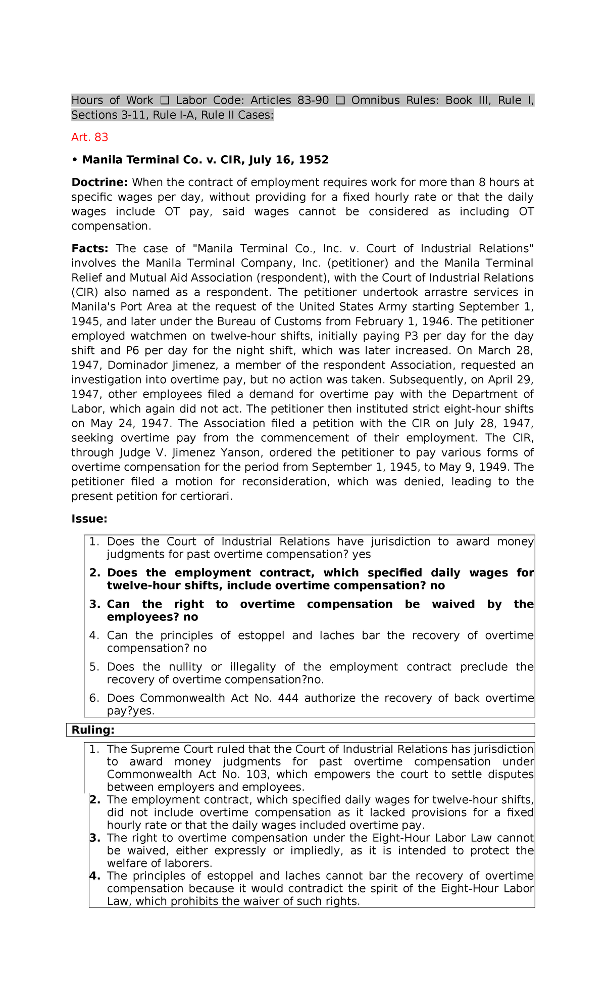 Labor Standards Case Digests: Key Rulings and Principles (LAW 101 ...