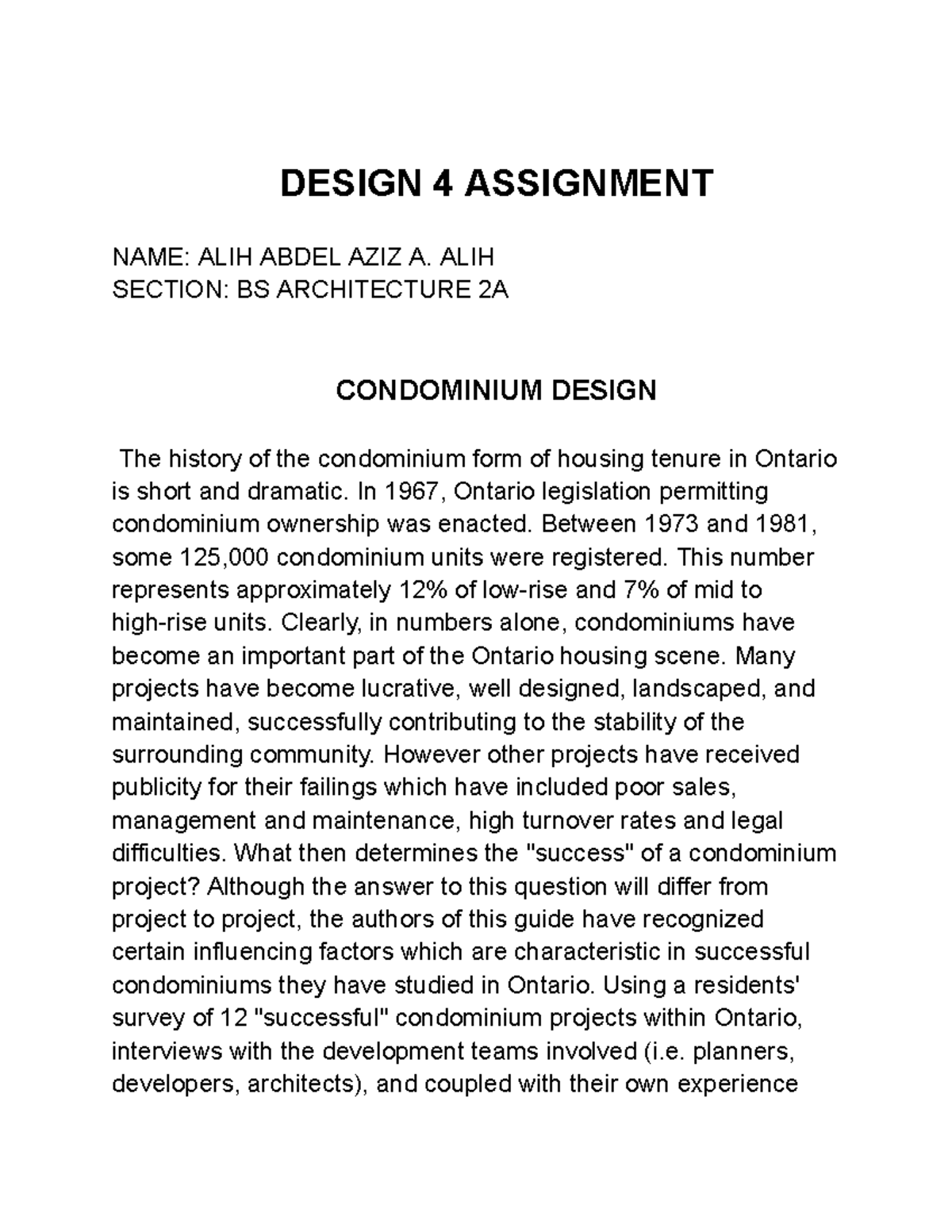 DESIGN 4 ASSIGNMENT: CONDOMINIUM DESIGN IN ONTARIO - Studocu