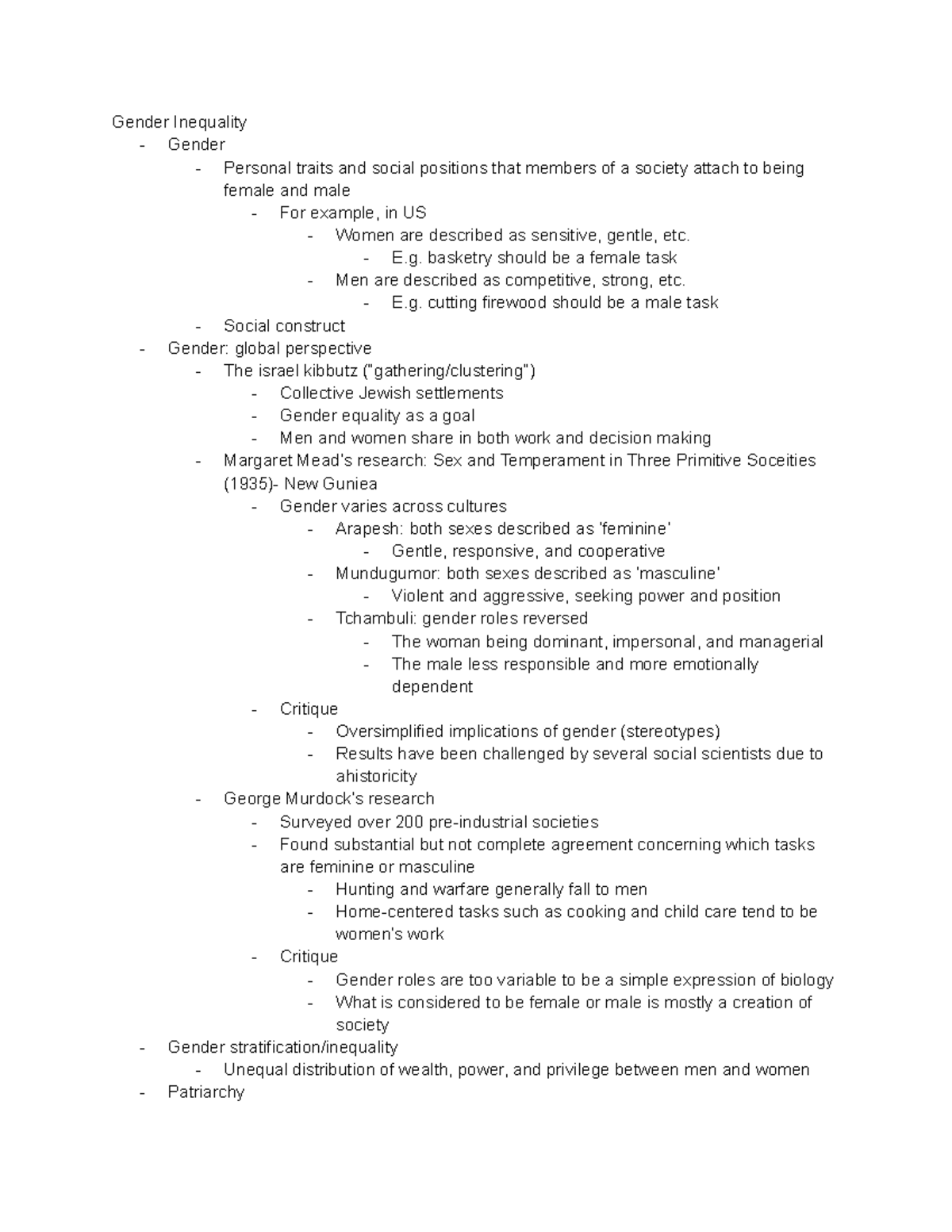SOCI 101 Final Exam Study Notes on Gender Inequality and Stratification ...