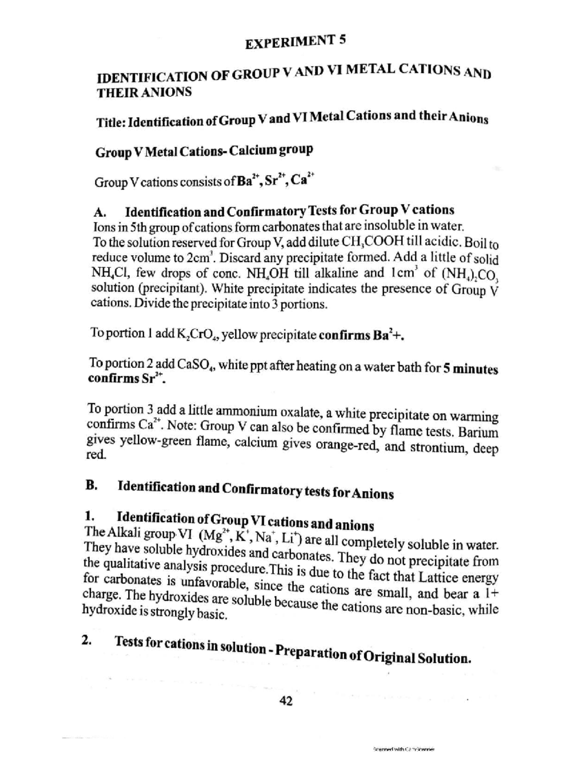 Chm - Experiment 5: Identifying Group V & VI Metal Cations and Anions ...