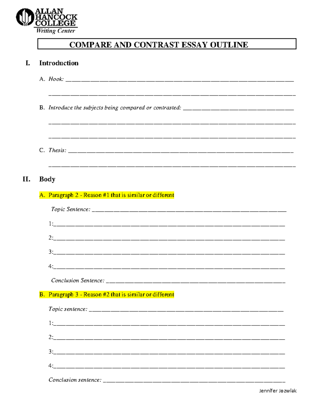 Compare and Contrast Essay Outline - Fillable - COMPARE AND CONTRAST ...