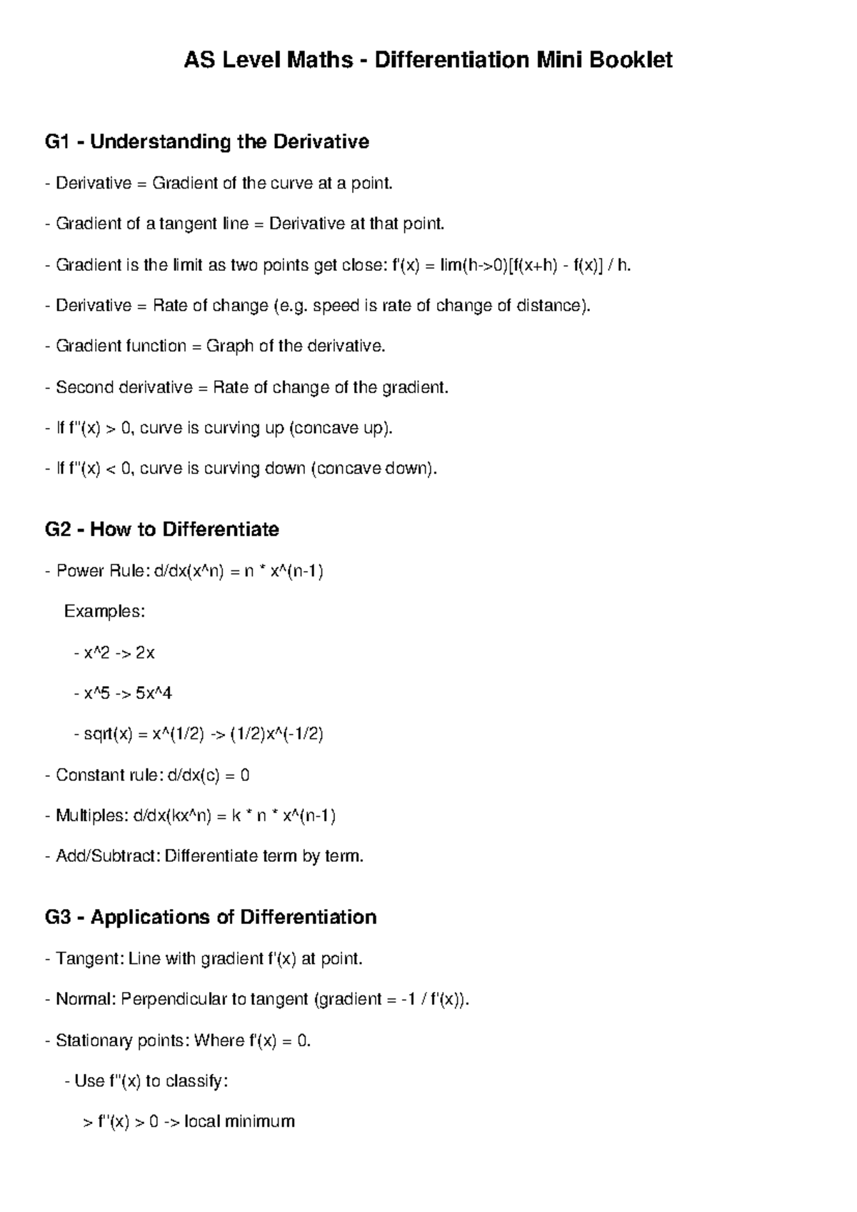 AS Level Maths G1-G3 Differentiation Mini Booklet Guide - Studeersnel