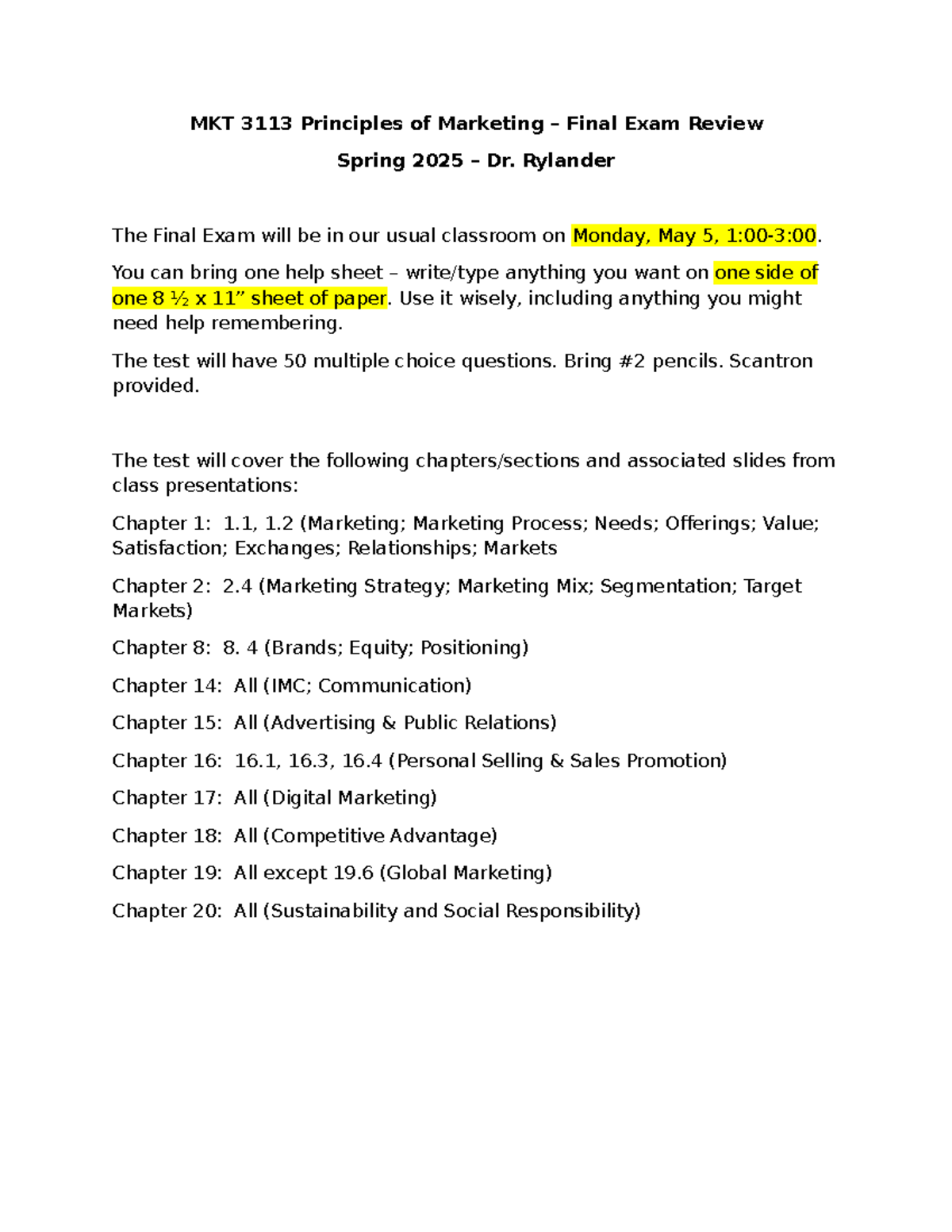 MKT 3113 Principles of Marketing – Final Exam Review Spring 2025 ...