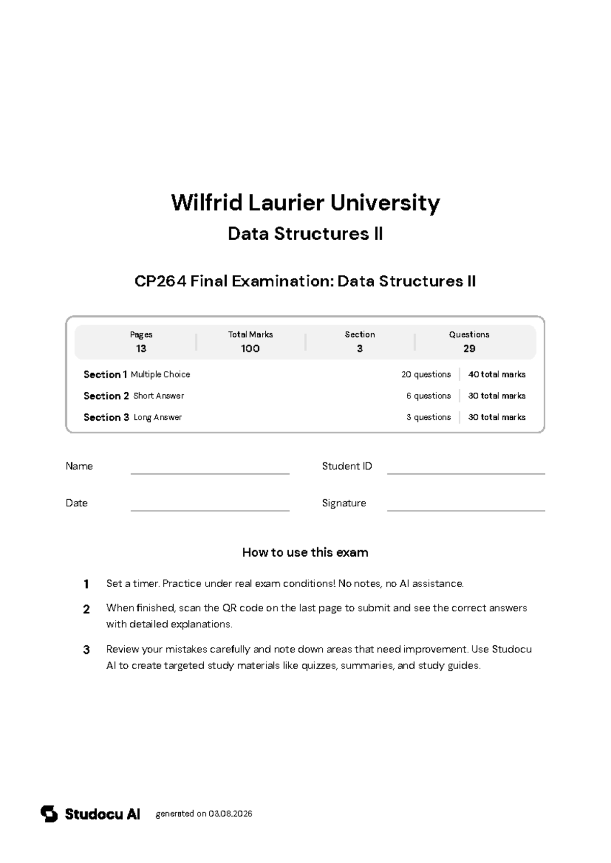 CP264 Final Exam: Data Structures II - Studocu